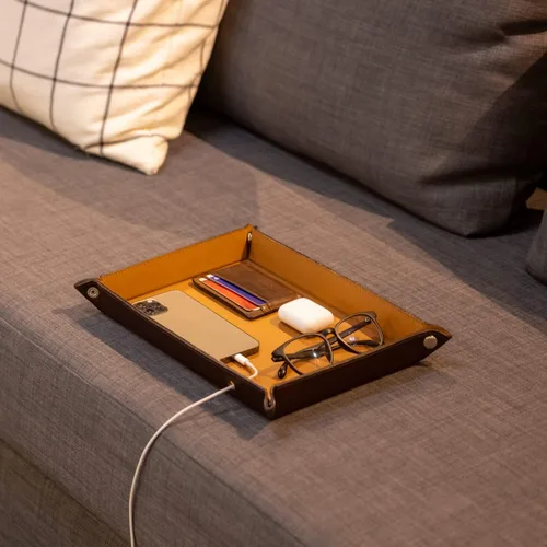 Vista 8 de Bandeja grande de cuero genuino Bandeja de cartera de joyería, plato para llaves, mesa de entrada, organizador para hombres, bandeja de noche
