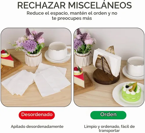 Vista 3 de Servilletero de hoja dorada para mesa de comedor, organizador de servilletas de papel de metal rústico con base de madera, soporte de mesa artístico