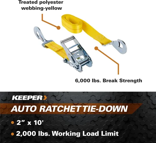 Vista 5 de Keeper Hampton PROD Keeper - Amarre de trinquete automático de 2 pulgadas x 10 pies con ganchos a presión, límite de carga de trabajo de 2,000