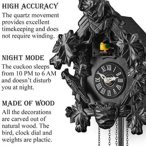 Vista 2 de TIMEGEAR Reloj de cuco con modo nocturno automático, movimiento de cuarzo y cabeza de ciervo tallada (negro)