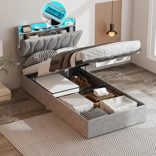 Vista 14 de Fameill - Base de cama tamaño matrimonial con plataforma de almacenamiento abatible, cabecero con altura ajustable y estación de carga, cama
