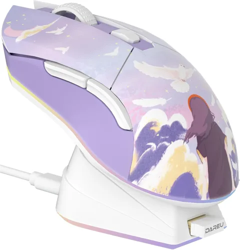 Vista 9 de DAREU EM901X - Mouse inalámbrico para juegos con base de carga RGB recargable, 12K DPI, 6 botones programables, sensor de alta precisión [300IPS]