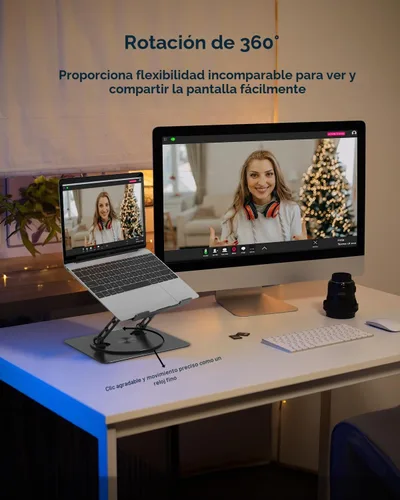 Vista 3 de Soporte ajustable para laptop de escritorio - Elevador portátil para laptop con base giratoria, soporte plegable de aluminio para computadora Negro