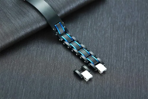 Vista 5 de MEALGUET Pulsera de identificación de alerta médica de acero inoxidable masculino de 2 tonos para hombre, grabado gratuito, negro, azul, para hombre