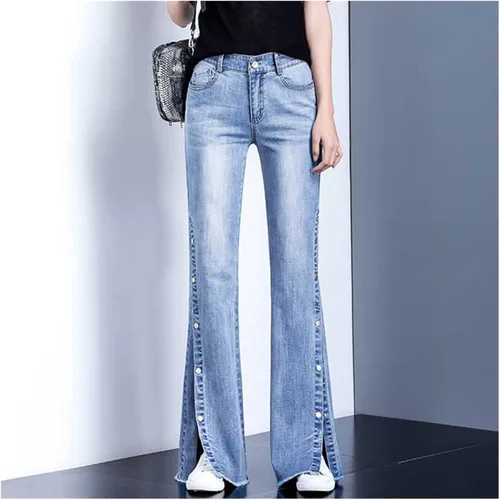 Vista 5 de BBSJ - Pantalones de mezclilla acampanados para mujer, para primavera y otoño, con abertura lateral, cintura alta, acampanados, pantalones de mujer