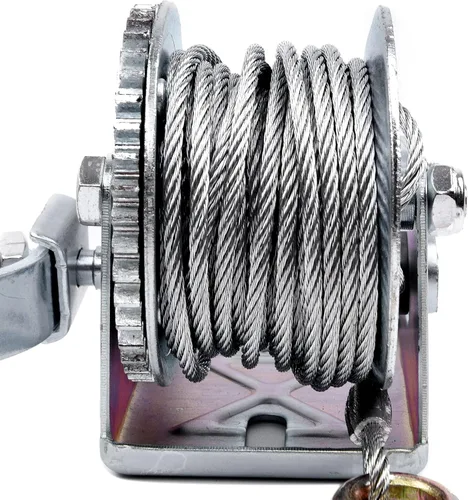 Vista 5 de Cabrestante de mano de 600 libras, cable de acero, cabrestante de remolque de barco, engranaje de trinquete bidireccional, pequeño cabrestante