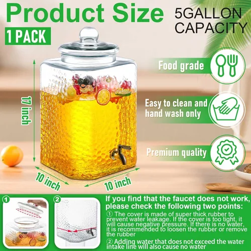 Vista 2 de Paquete de 1 dispensador de bebidas de vidrio de 5 galones para fiestas, dispensador de bebidas de vidrio martillado, recipiente de agua con grifo