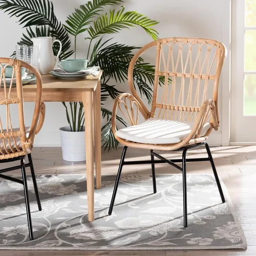 Vista 2 de bali & pari Caelia - Silla de comedor moderna bohemia de ratán natural y metal negro