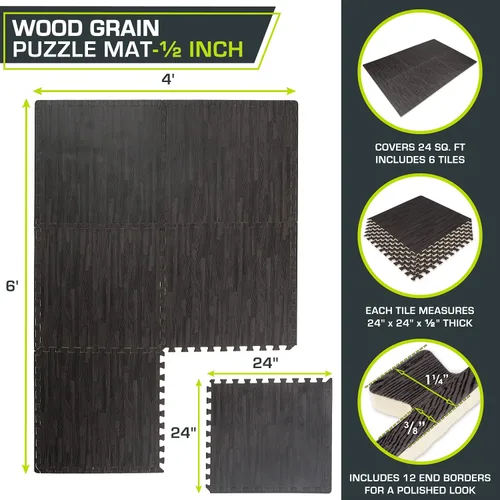 Vista 2 de ProsourceFit Tapete de rompecabezas de grano de madera de 1/2 pulgada, 6 baldosas de espuma EVA entrelazadas (24 pies cuadrados) para suelo