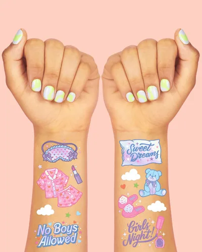 Vista 7 de xo, Fetti Tatuajes temporales de fiesta rosa para niñas – 52 estilos Suministros de fiesta de cumpleaños rosa, recuerdos de bolsa de regalos