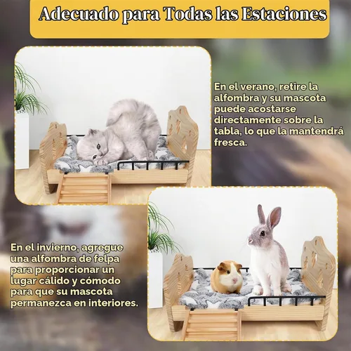 Vista 6 de Cama de madera para conejos, 2 en 1 Cama para conejos y cobayas Desmontable Cama para animales pequeños con escaleras Estera reversible lavable