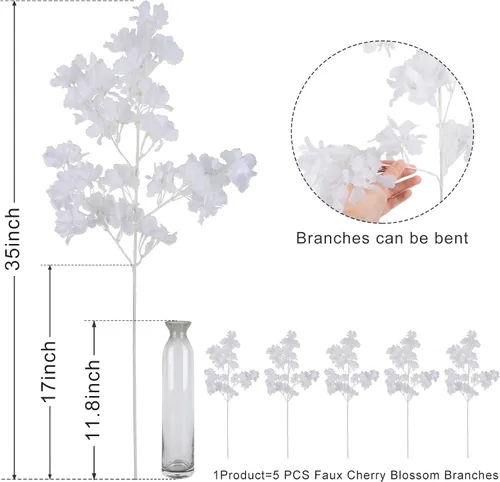 Vista 10 de Pusuny Decoración de Ramas Artificiales Falsas de Flor de Cerezo, 35 Pulgadas para Jarrón Alto de Piso Utilizado como Decoración del Hogar de Boda
