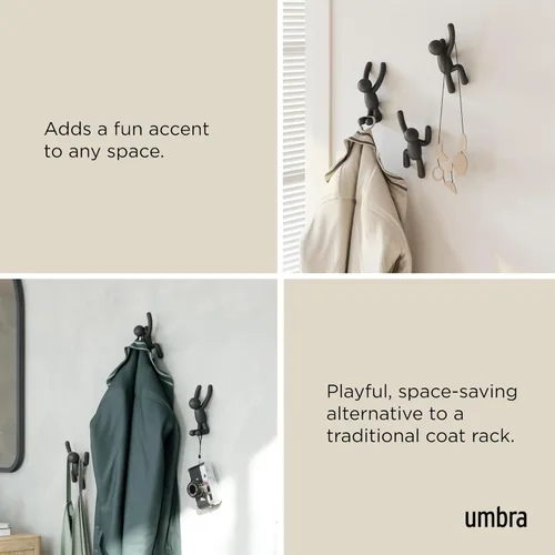 Vista 4 de Umbra Buddy Ganchos de pared decorativos montados en la pared para colgar abrigos, bufandas, bolsos, carteras, mochilas, toallas y más, juego de 3
