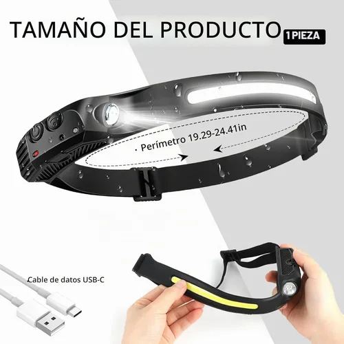 Vista 2 de Linterna frontal 4 piezas, lámpara frontal de haz ancho de 230°, linterna frontal LED recargable con sensor de movimiento, linterna frontal de 5