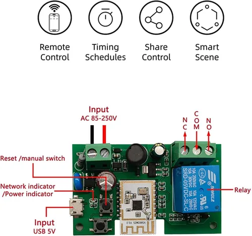Vista 4 de Módulo de conmutación de relé WiFi inteligente de 1 canal USB 5V/AC85V-250V, compatible con control Bluetooth, control remoto de la aplicación