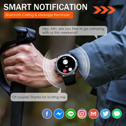 Vista 6 de Reloj inteligente militar para hombres con linterna LED 1.45 "HD 3ATM impermeable Rugged Smart Watch with 100+ Sports Modes Fitness Tracker with