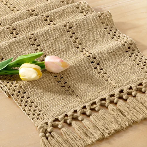 Vista 6 de Socomi Camino de mesa bohemio de verano rústico para comedor, cocina, centro de mesa, decoración pequeña de macramé de algodón y lino, camino