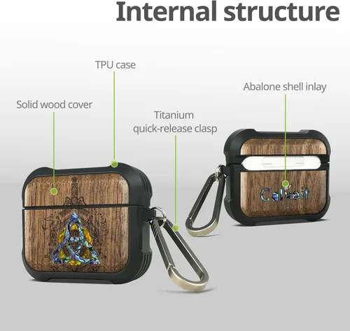 Vista 20 de Carveit Funda de madera para AirPods Pro de 2ª/1ª generación, grabado artístico de madera e incrustación hecha a mano, cubierta de TPU a prueba