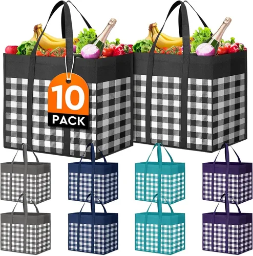 Vista 13 de Bolsas de compras reutilizables para comestibles, paquete de 10 bolsas grandes plegables a granel