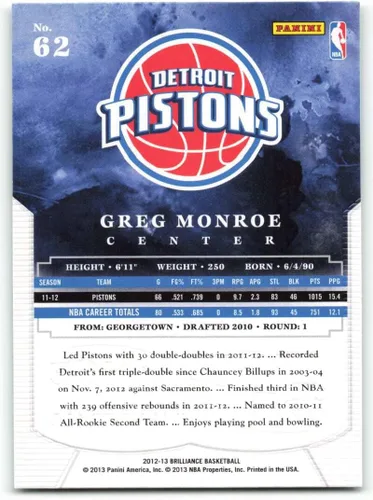 Vista 2 de 2012-13 Panini Brilliance #62 Greg Monroe NM-MT Pistons