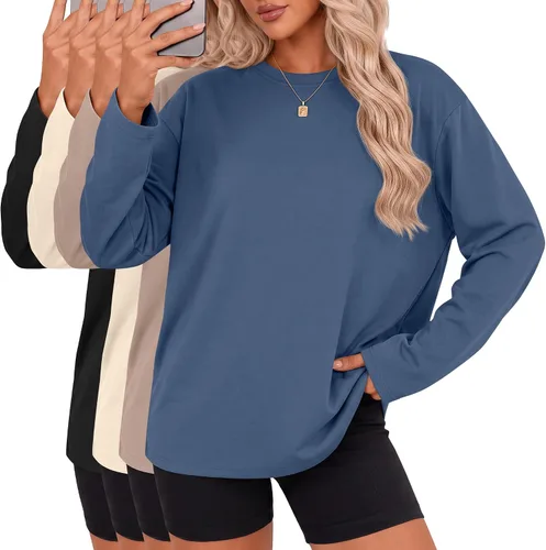 Vista 14 de Ficerd Paquete de 4 camisetas casuales de manga larga con cuello redondo