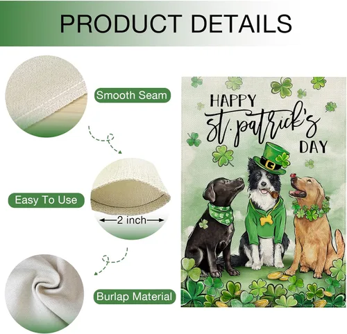 Vista 4 de Hzppyz Bandera de jardín con diseño de perros del Día de San Patricio, de doble cara, trébol de trébol dorado para cachorros, decoración pequeña