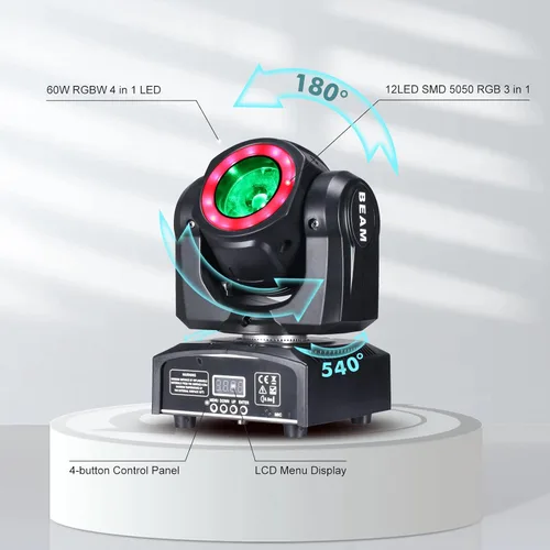 Vista 4 de Luces de cabeza móvil de 60 W, luces LED de escenario, haz RGBW, tira de ciclo de halo para DJ, activación de sonido DMX 512 para eventos, fiestas