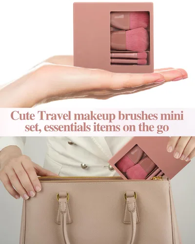 Vista 6 de PGRODE Mini juego de brochas de maquillaje de tamaño de viaje con estuche rígido y espejo integrado, 5 brochas pequeñas para cosméticos, kits