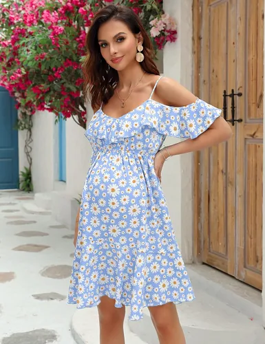 Vista 3 de FUNJULY Vestido de lactancia de maternidad para mujer, cuello en V, tirantes delgados, manga con volantes, estampado de margaritas, vestido