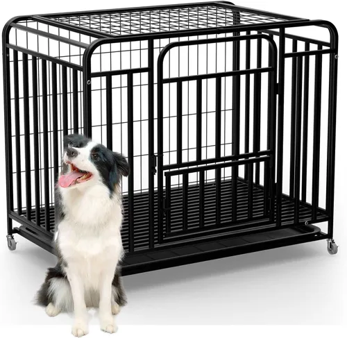 Vista 9 de Perrera para perros de 42 pulgadas, resistente para interiores, fácil de limpiar, 4 ruedas bloqueables, jaula extragrande para perros con bandeja