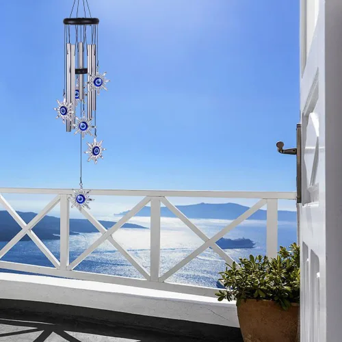 Vista 5 de Campanillas de viento azules con ojo maléfico para decoración exterior, atrapavientos móvil con sol y ojo maléfico, campanas de viento con sol y ojo