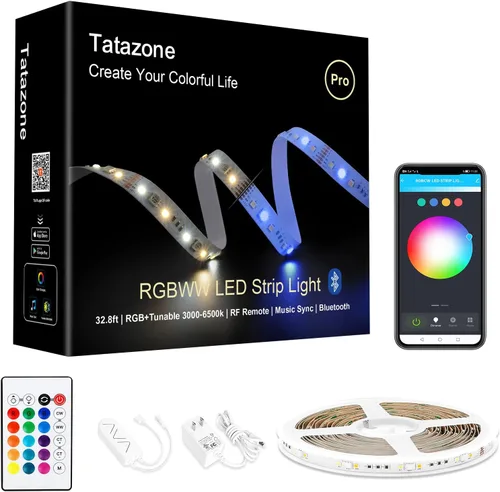 Vista 8 de Tatazone Tiras de luces LED RGBWW con Bluetooth, 5 metros de tiras de luz LED ajustables de blanco 3000K a 6500K + RGB, tiras de luces LED