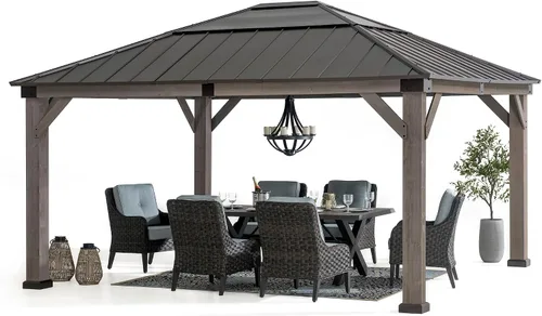 Vista 13 de Kiosco con techo rígido Sunjoy de 9 x 9 pies. Gazebo de madera con estructura de cedro mejorado con techo de acero marrón y policarbonato a dos