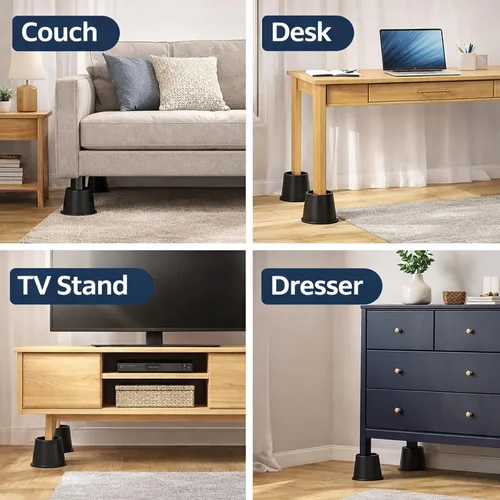 Vista 4 de Elevadores de cama resistentes de 4 pulgadas – Juego de 9 elevadores de muebles ajustables para camas, sofás, mesas y sillas – Soporta hasta 1500