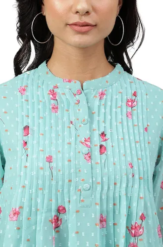 Vista 7 de Janasya Indian Sea Green Dobby Georgette - Camiseta acampanada con estampado floral para mujer