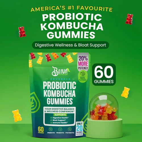 Vista 2 de BLIVA Gomitas probióticas de kombucha para hombres y mujeres - 60 gomitas Prebióticos, probióticos, postbióticos, corteza de olmo resbaladizo