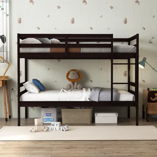 Vista 7 de Litera individual sobre individual, marco de cama de madera que ahorra espacio con almacenamiento debajo de la cama, escalera y barandilla Espresso