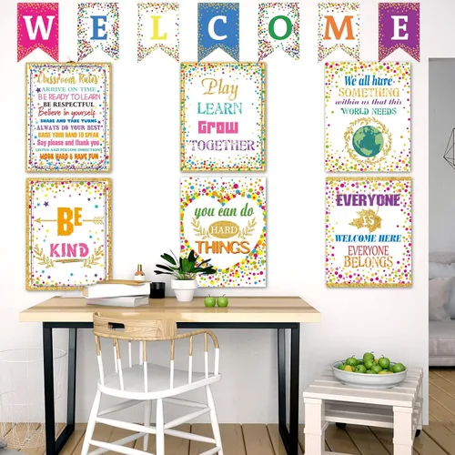 Vista 7 de Pósteres motivacionales de confeti, juego de 17 piezas, letreros de decoración de bienvenida, mentalidad de crecimiento, reglas de aula de escuela
