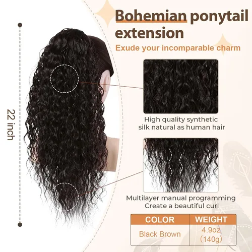 Vista 2 de Flufymooz Extensión de cola de caballo, 22 pulgadas, estilo bohemio, con cordón, extensiones de cabello para mujer, cola de caballo larga, rizada