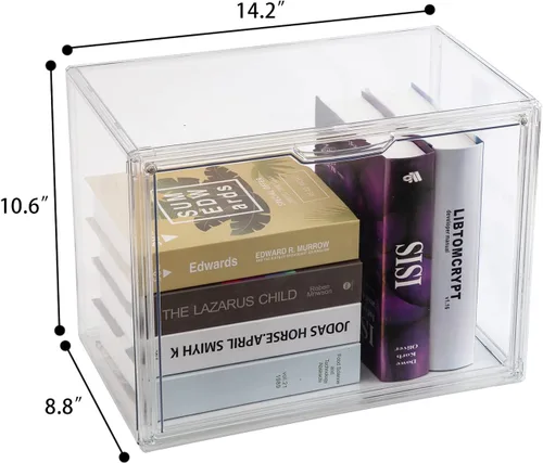 Vista 2 de BOHOIDEE Paquete de 2 organizadores transparentes de almacenamiento de libros para estantería, estuche de exhibición de libros de plástico apilable