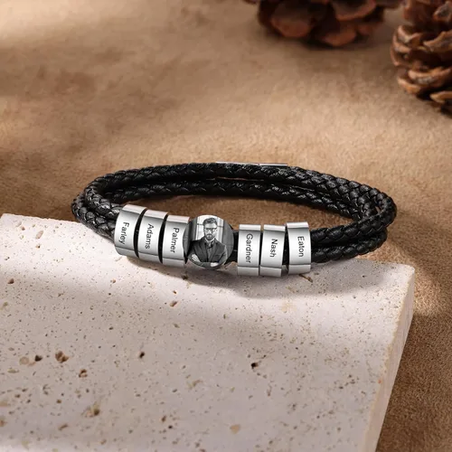Vista 8 de Pulsera de cuero personalizada para hombre, con foto grabada personalizada, 1-6 nombres, cuentas para hombre, pulseras para padre, placa de nombre