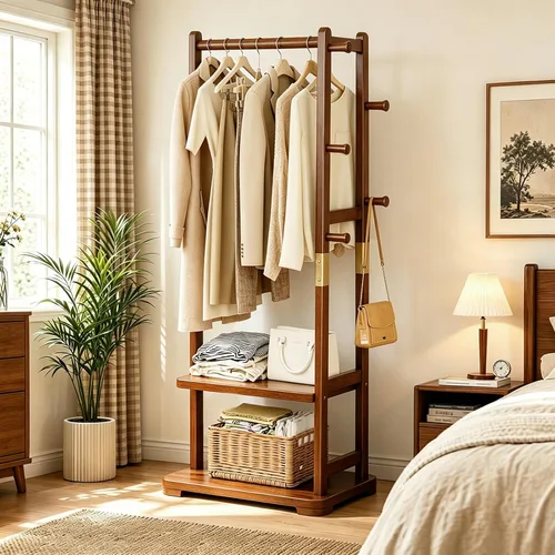 Vista 9 de Taitiy Perchero de Madera Maciza Perchero para Abrigos con 2 Estantes y 4 Ganchos para Colgar Ropa, Prendas, Carteras, Sombreros, Perchero de Ropa