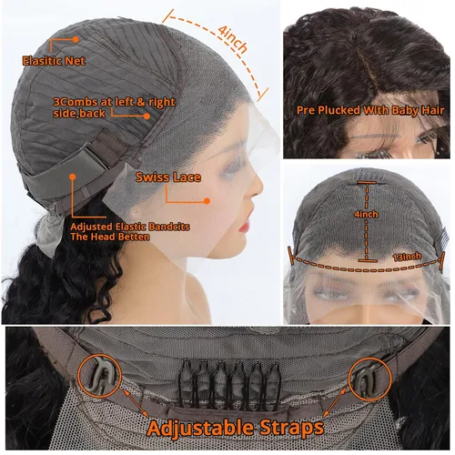 Vista 4 de Pelucas de cabello humano profundo de 13 x 4 pulgadas, encaje frontal de Onda profunda 13x4 sin pegamento natural
