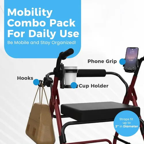 Vista 2 de Paquete combinado de movilidad, gancho, teléfono y portavasos para caminante, soporte portátil para bebidas para silla de ruedas y cochecitos