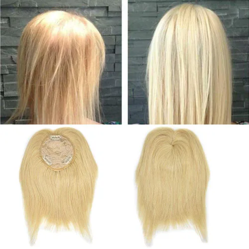 Vista 4 de Cabello humano de 18 pulgadas de largo, con clips en la parte superior de extensiones con flequillo (613# rubio claro blanqueado)