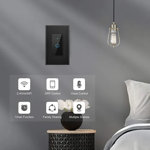 Vista 7 de Smart Light Switch 2.4GHz WiFi Light Switch Compatible with Alexa and Google Home, Single Pole, Needs Neutral Wire (Black)