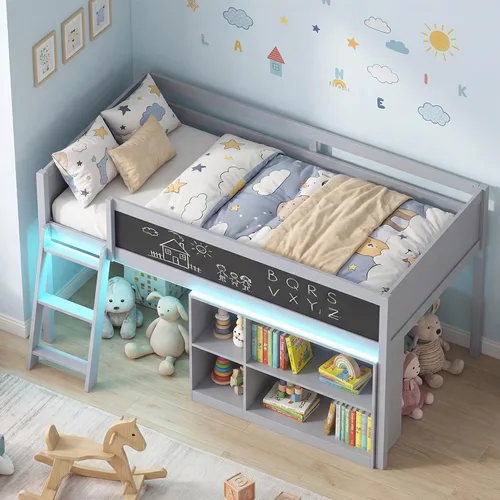 Vista 7 de KOMFOTT Cama baja de tamaño individual con luces LED, marco de cama loft de madera para niños con escalera, barandilla de seguridad de longitud Gris