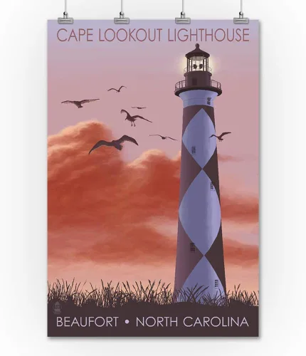 Vista 2 de Beaufort, Carolina del Norte, Faro y amanecer (36 x 54 pulgadas, impresión de galería Giclée para decoración de pared, póster de viaje)