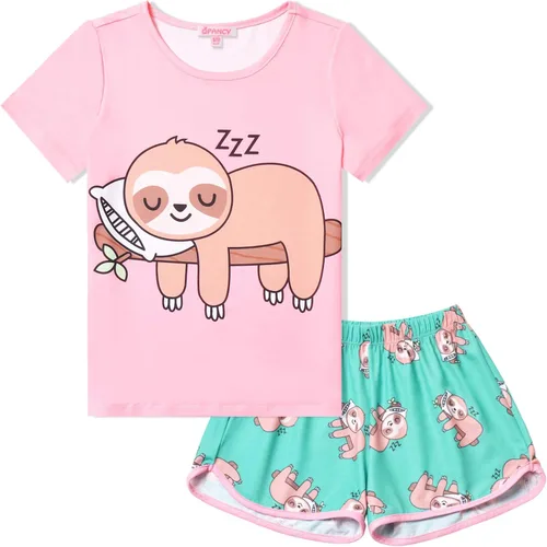 Vista 19 de QPANCY Pijamas de verano para niñas, conjuntos de pijamas de manga corta para dormir de verano