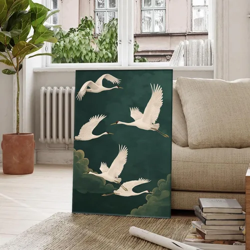 Vista 2 de Arte de pared de grúa blanca, póster de pájaros voladores, pintura abstracta verde, arte de grúa voladora, arte de pared de aves costeras, póster